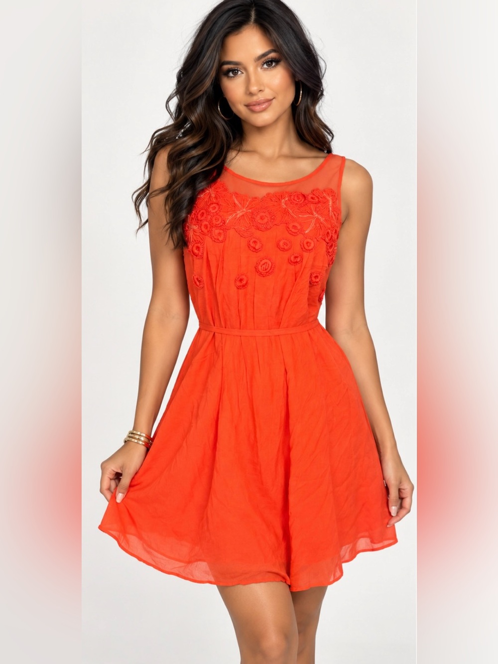 Meadow Rue Orange Floral-Appliqué Sleeveless Dress